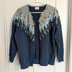 Handmade Modern Quilted Sweatshirt Cardigan Blue sz L